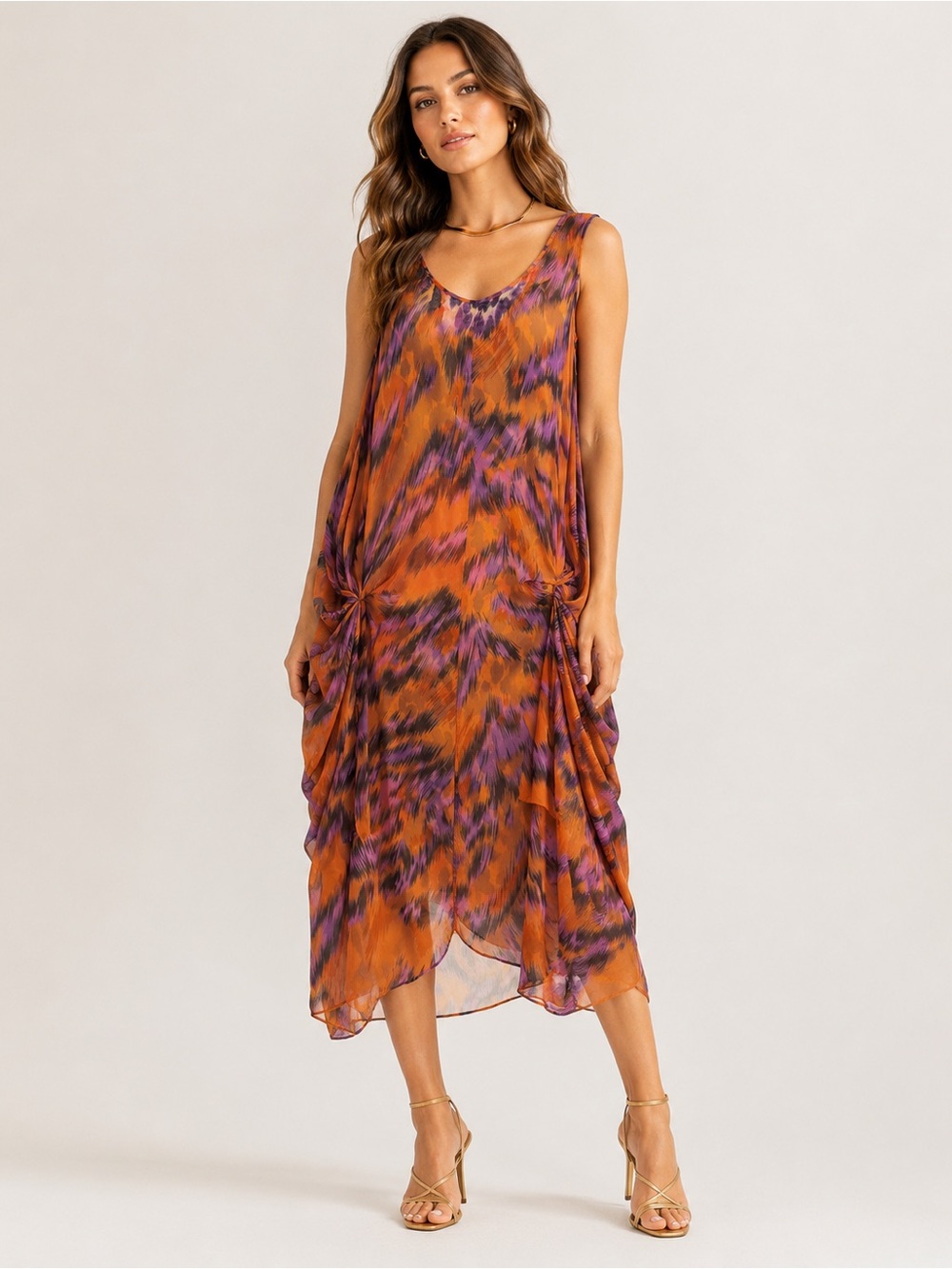 Diane Von Furstenberg Orange & Purple Sleeveless Tie-Detail Swim Coverup